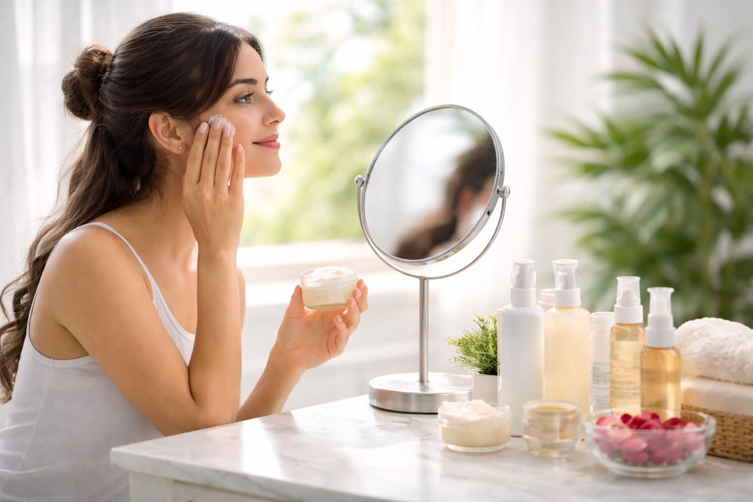 Woman applying moisturizer during a simple daily skin care routine in a bright white bathroom, showing gentle cleansing, hydration, and healthy skin habits.