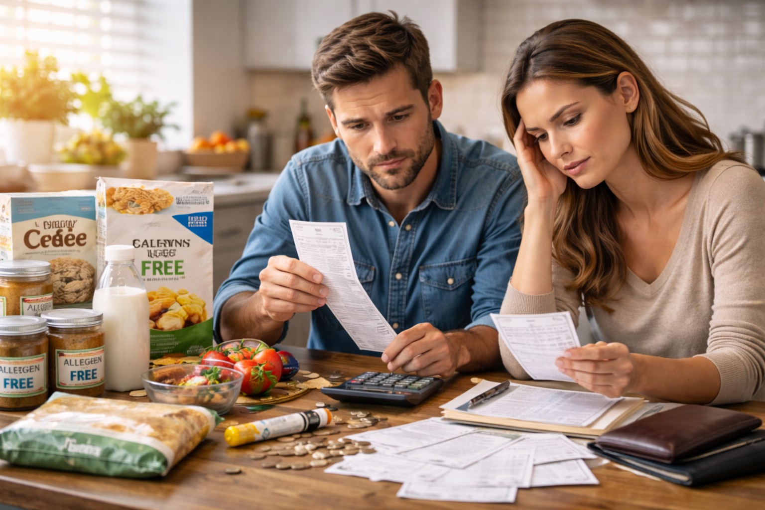 Parents reviewing grocery receipts and bills beside allergen-free food products, showing the financial pressure caused by food allergies on family health.