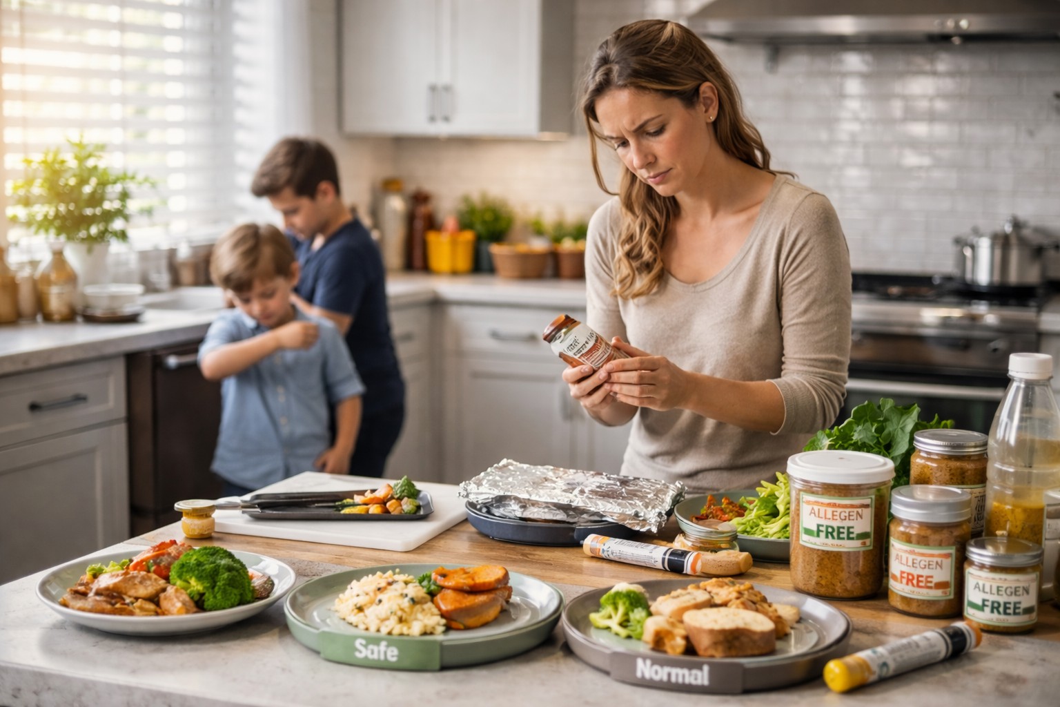 Parent checking food labels and preparing allergen-safe meals at home to manage food allergies and protect children’s physical health.