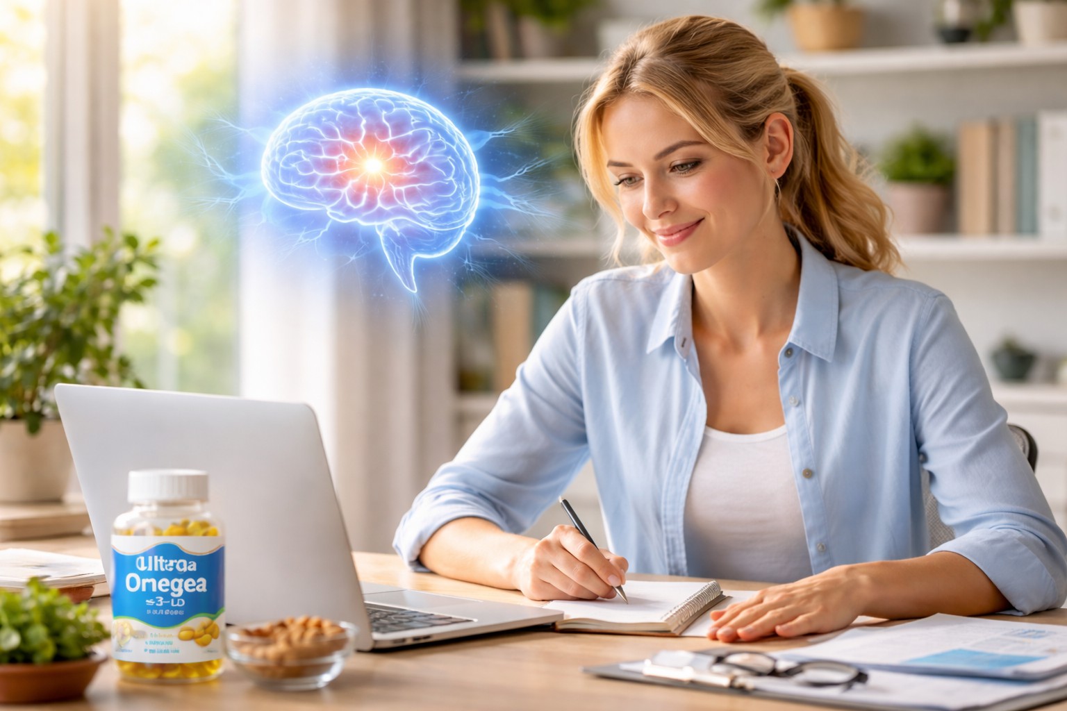 Professional working calmly in natural light showing mental clarity and focus supported by omega-3 DHA for brain wellness