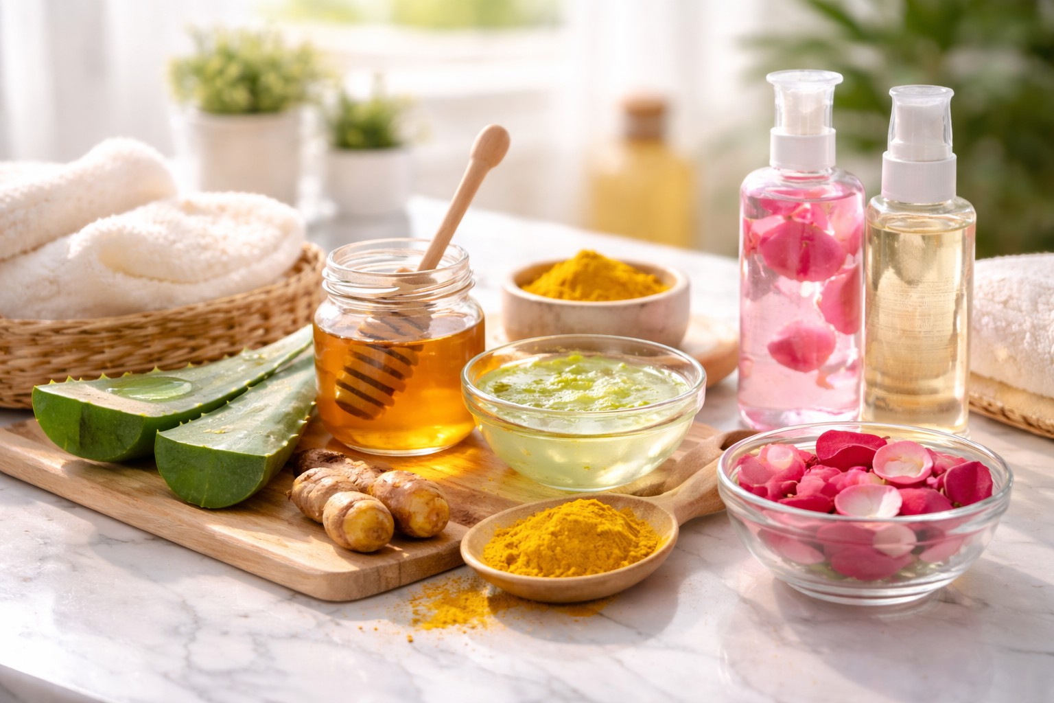 Natural skin care remedies with aloe vera, turmeric, honey, and rose water arranged on a bright white surface in natural light for gentle skin care.