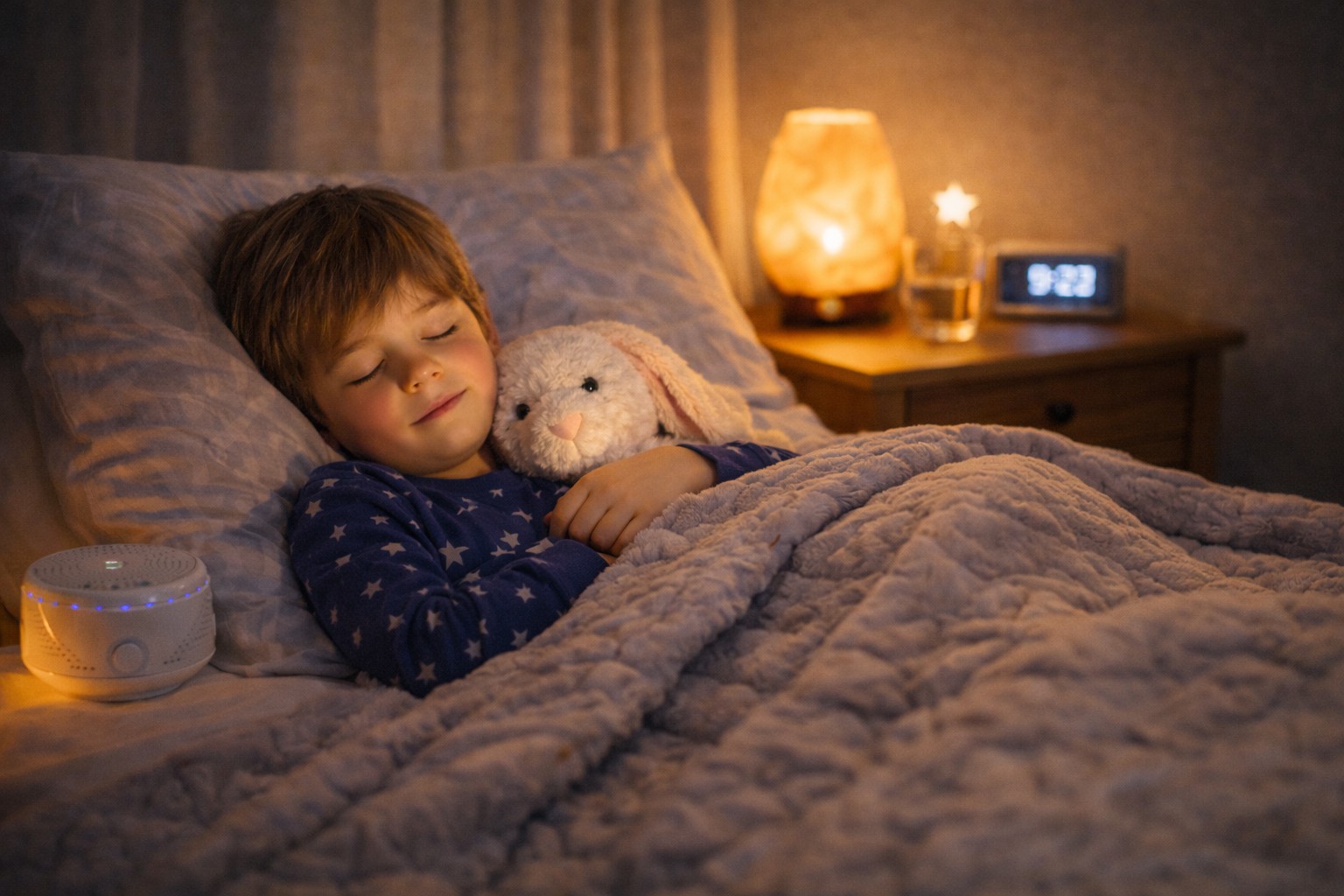 Sensory-friendly sleep setup for autism showing soft cotton bedding, warm dim light, white noise machine, and weighted blanket creating a calm and safe bedtime environment.