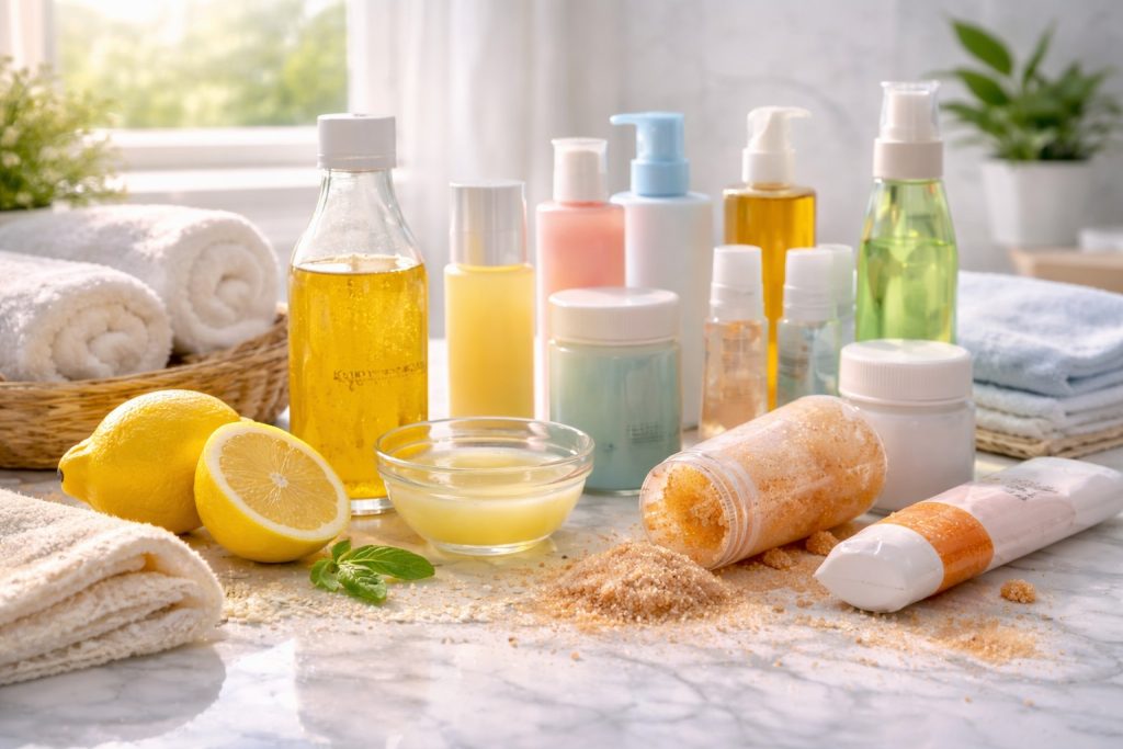 High-resolution bathroom scene showing mixed skincare products, lemon halves, sugar scrub, and hands with residue, representing common skin care myths and harmful routines.