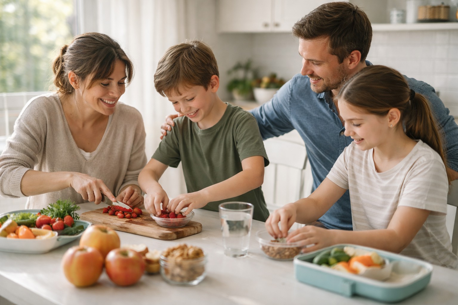 Family preparing food together in a bright kitchen, showing confidence, shared responsibility, and emotional support while managing food allergies.