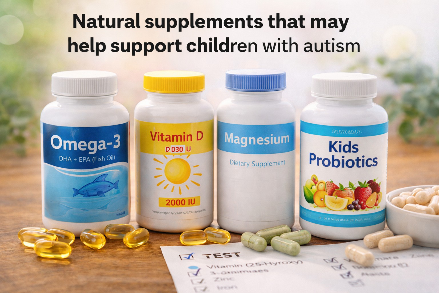 Autism natural supplement support bottles on table including omega-3 fish oil, vitamin D, magnesium, and probiotics with test checklist showing safe approach to nutrition support.