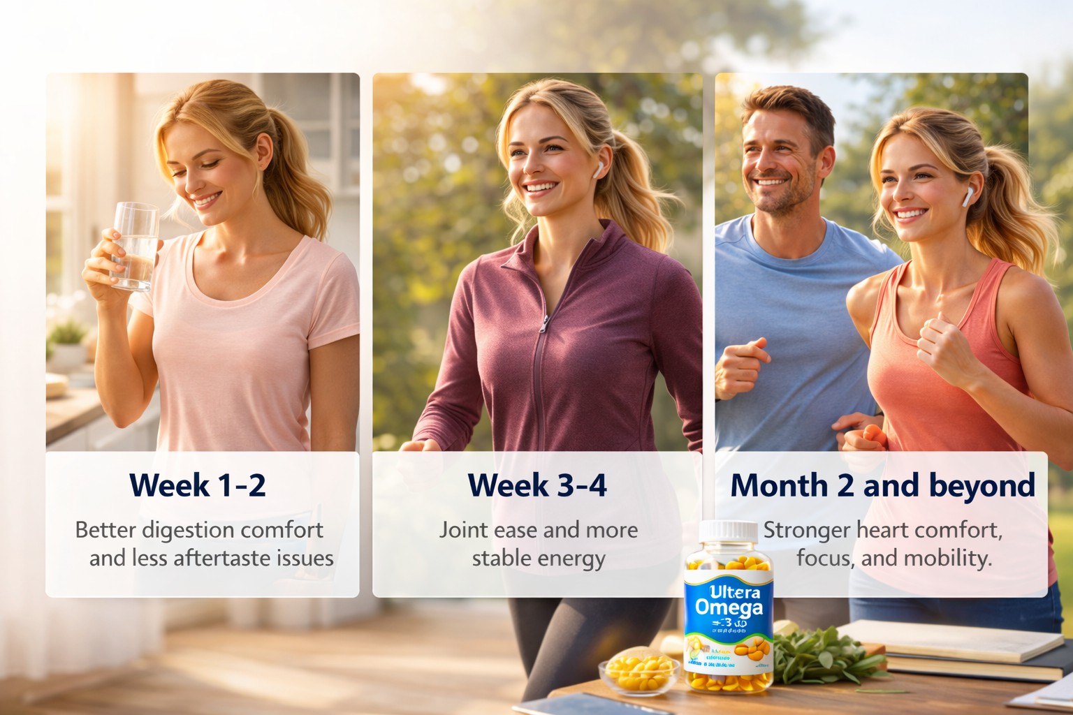 Person marking progress on a calendar beside omega-3 supplements showing gradual health improvements and consistent daily wellness routine