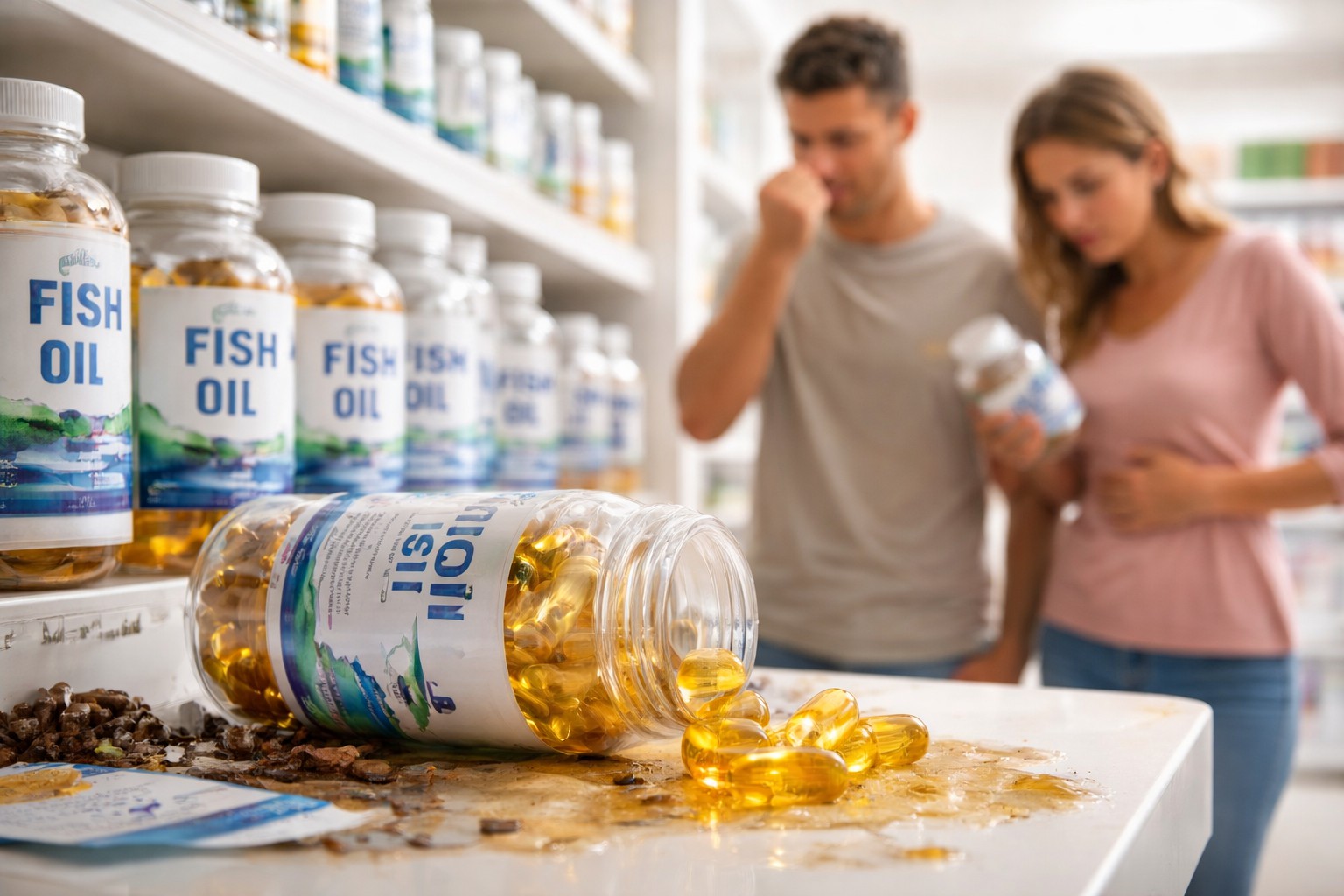 Spilled fish oil capsules on a store shelf with unhappy shoppers in the background showing frustration with poor quality omega-3 supplements
