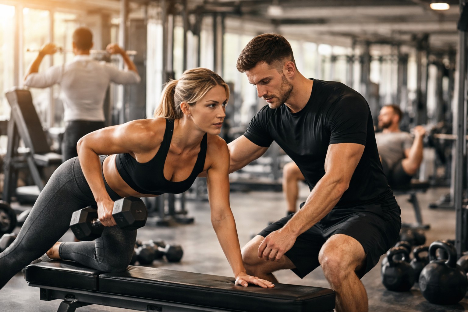 Personal trainer reviewing a customized workout plan with two clients in a bright private gym, showing proper form coaching, organized fitness programs, and structured training for better results.