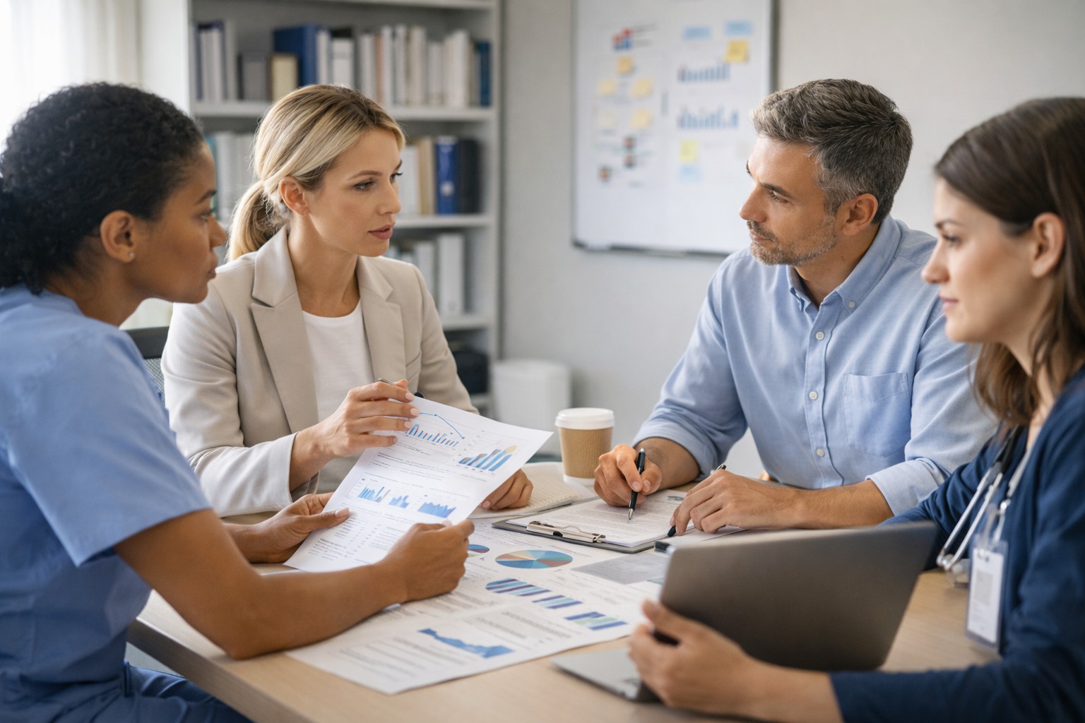 Nursing school faculty discussing ATI exam results, remediation plans, and student support strategies in a modern education environment.