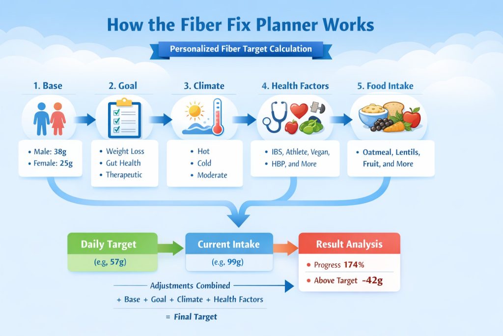 Infographic showing Fiber Fix Planner calculation steps including age, goals, health factors, food intake, and final fiber result.