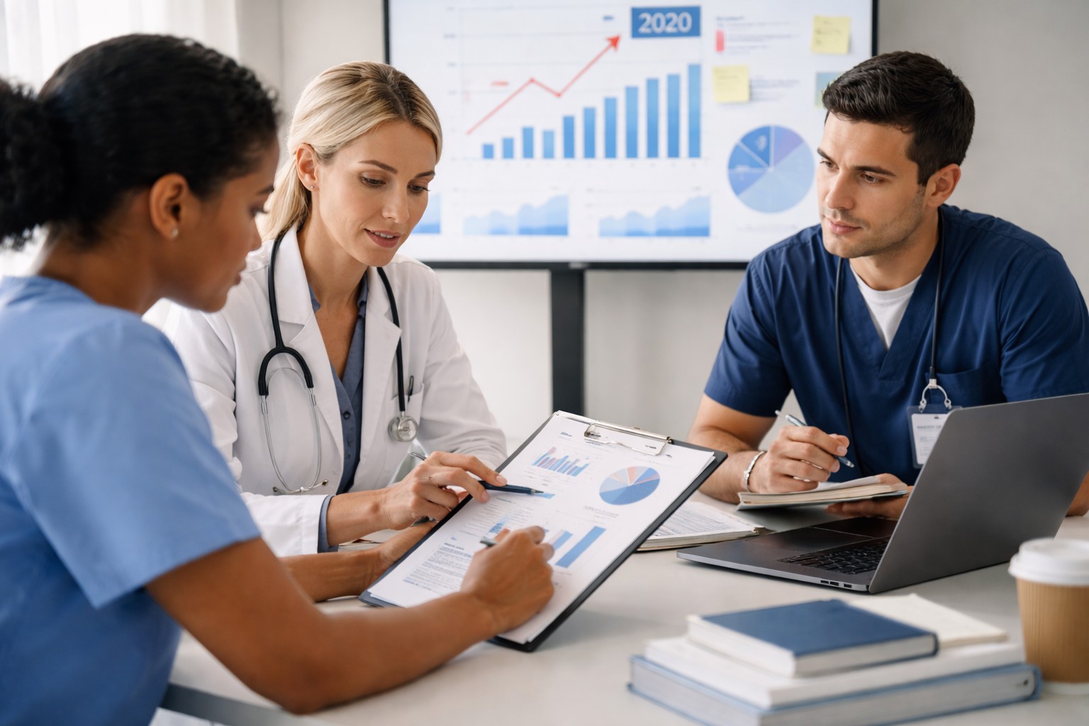 Nursing professionals analyzing mental health exam data and performance trends in a clinical education setting after 2020.