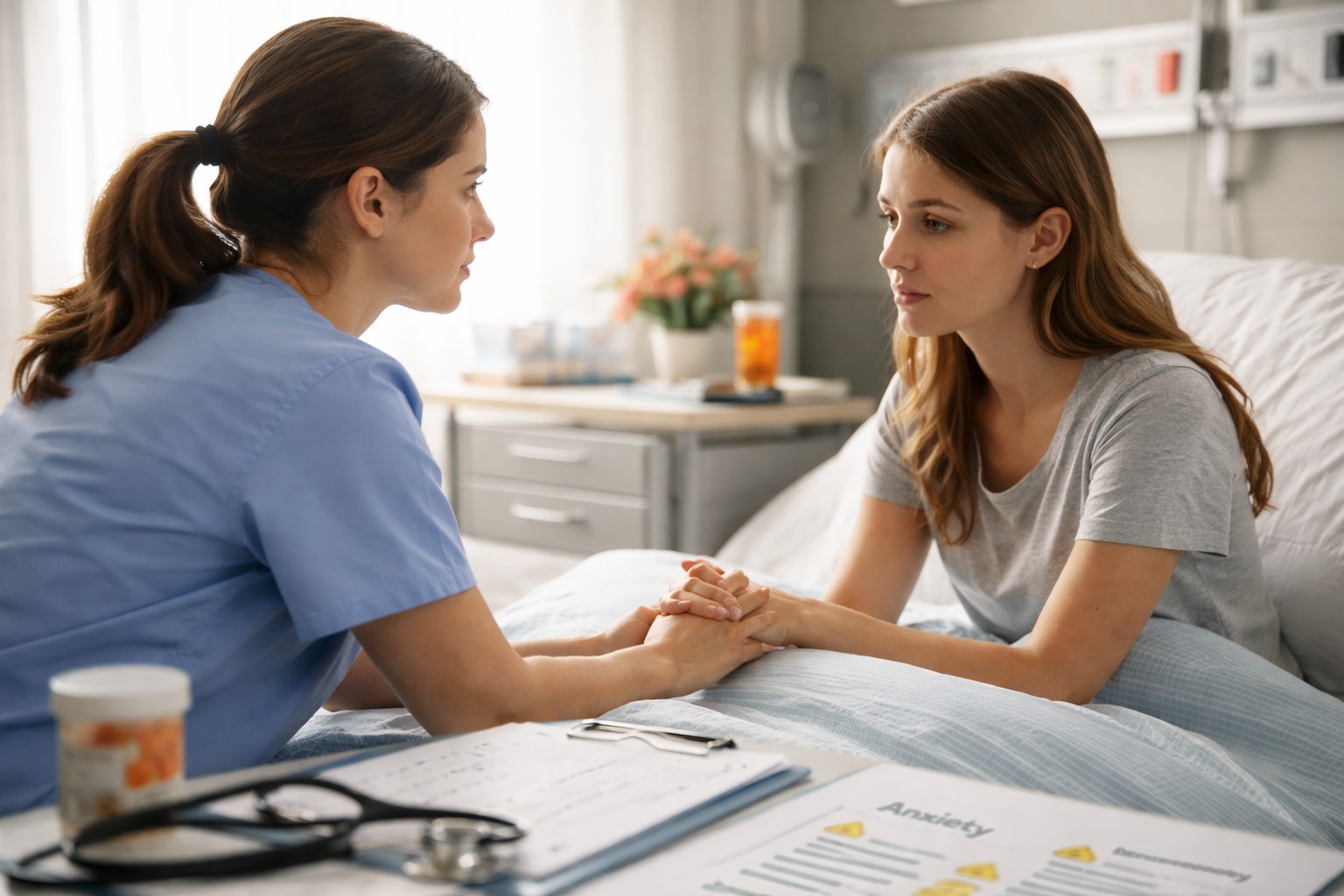 Nurse providing calm mental health support to a patient in a hospital room, showing therapeutic communication, safety focus, and clinical judgment.