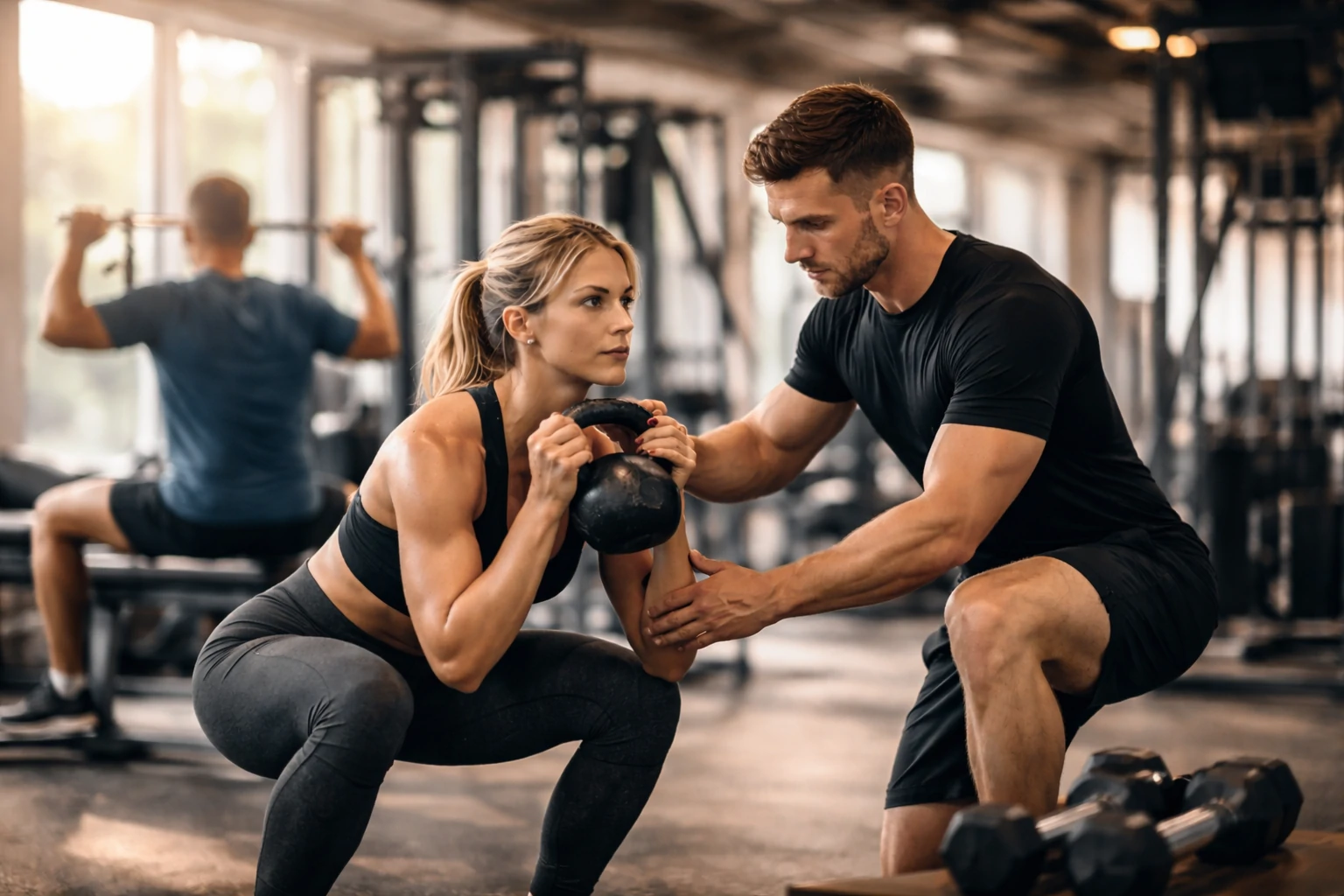 Personal trainer reviewing a customized workout plan with two clients in a bright private gym, showing proper form coaching, organized fitness programs, and structured training for better results.