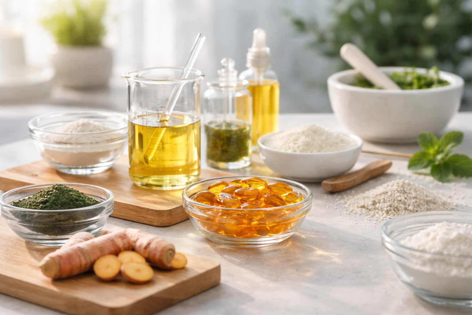 Gel supplement ingredients including nutrient oils, plant extracts, binding powders, and stabilizing elements arranged on a bright white surface