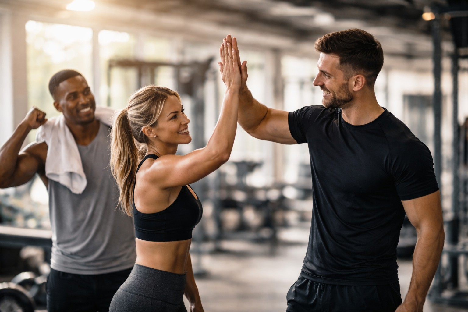Personal trainer celebrating workout progress with two fit clients in a bright private gym, showing visible fitness improvement, strength gains, and growing workout confidence.