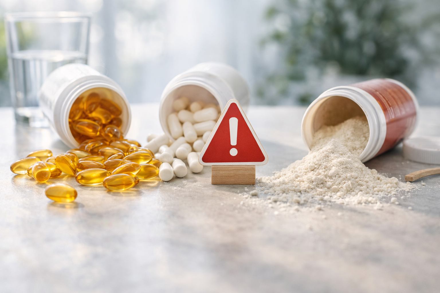 Gel capsules, traditional capsules, and powdered supplements spilled on a white surface with a caution symbol, showing risks of excessive supplement intake