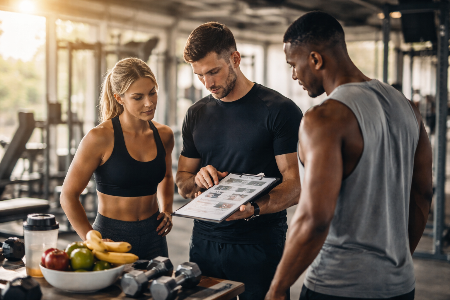 Personal trainer reviewing a custom workout program with two clients in a bright private gym, showing personalized fitness planning, nutrition focus, and strength training equipment.