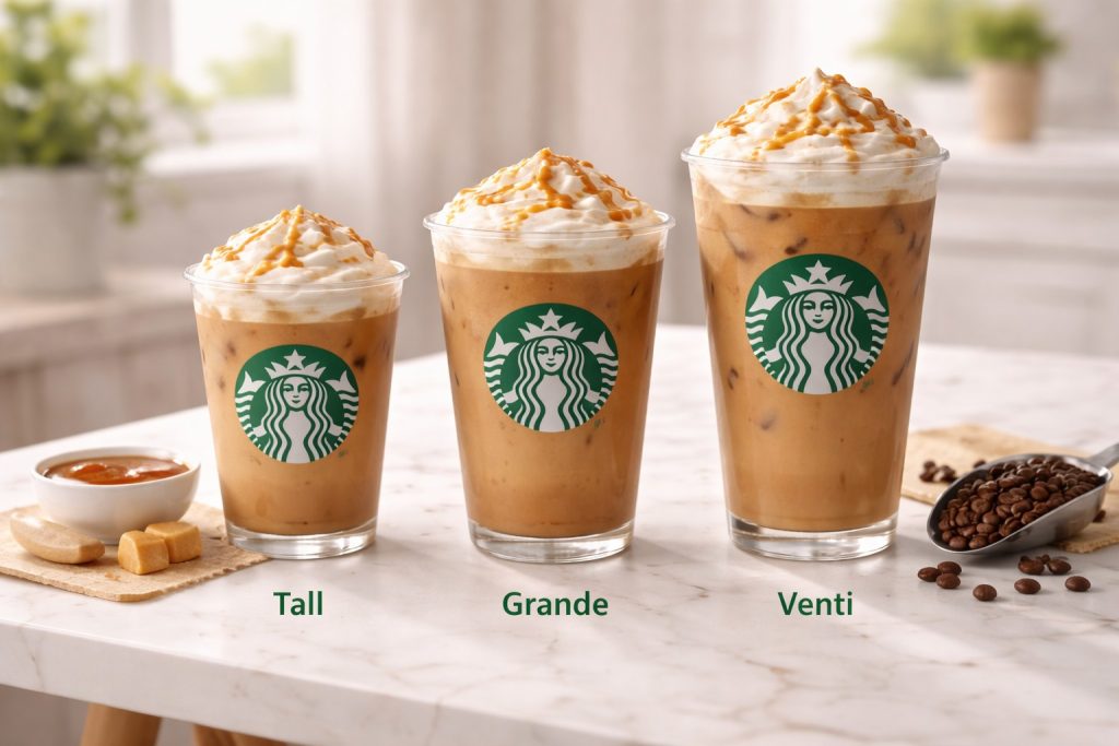 Starbucks iced coffee cups in tall grande and venti sizes showing how drink size changes calories and nutrition