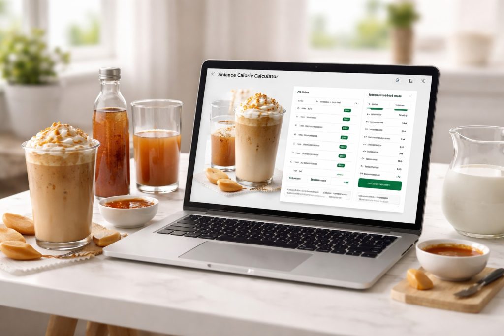 Laptop showing a Starbucks calorie calculator drink builder next to iced coffee, milk pitcher, and syrup ingredients on a white table.