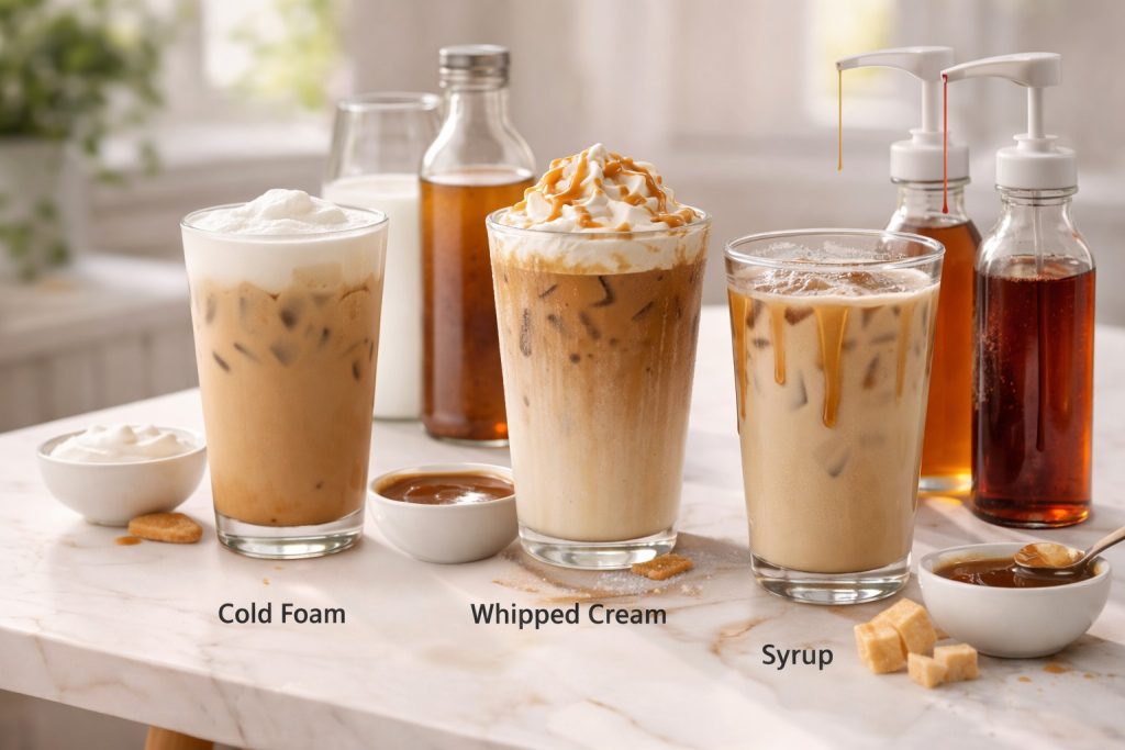 Starbucks iced coffee drinks with whipped cream cold foam and syrup showing ingredients that increase drink calories