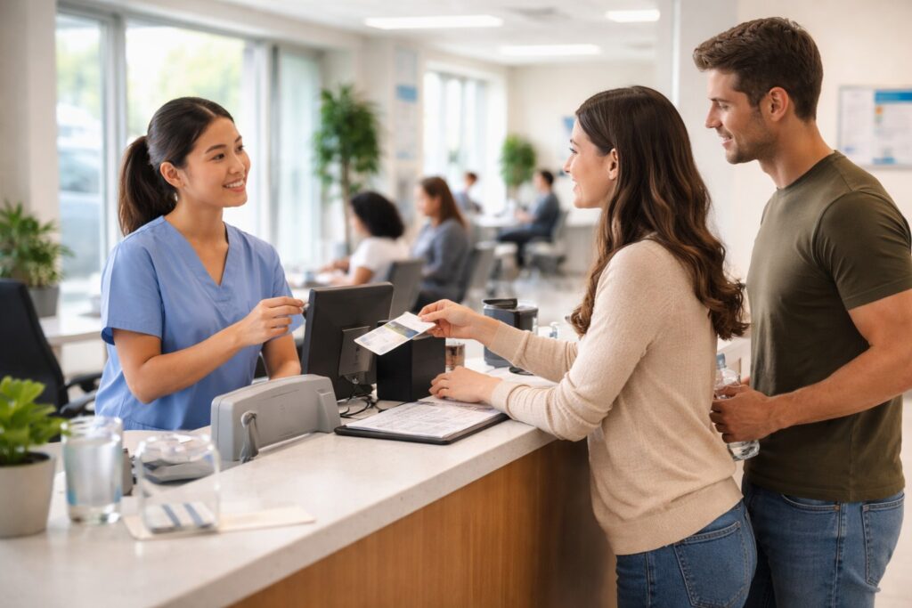 Patient checking in at a bright medical clinic reception desk with paperwork and ID, modern waiting area in background, first visit experience.