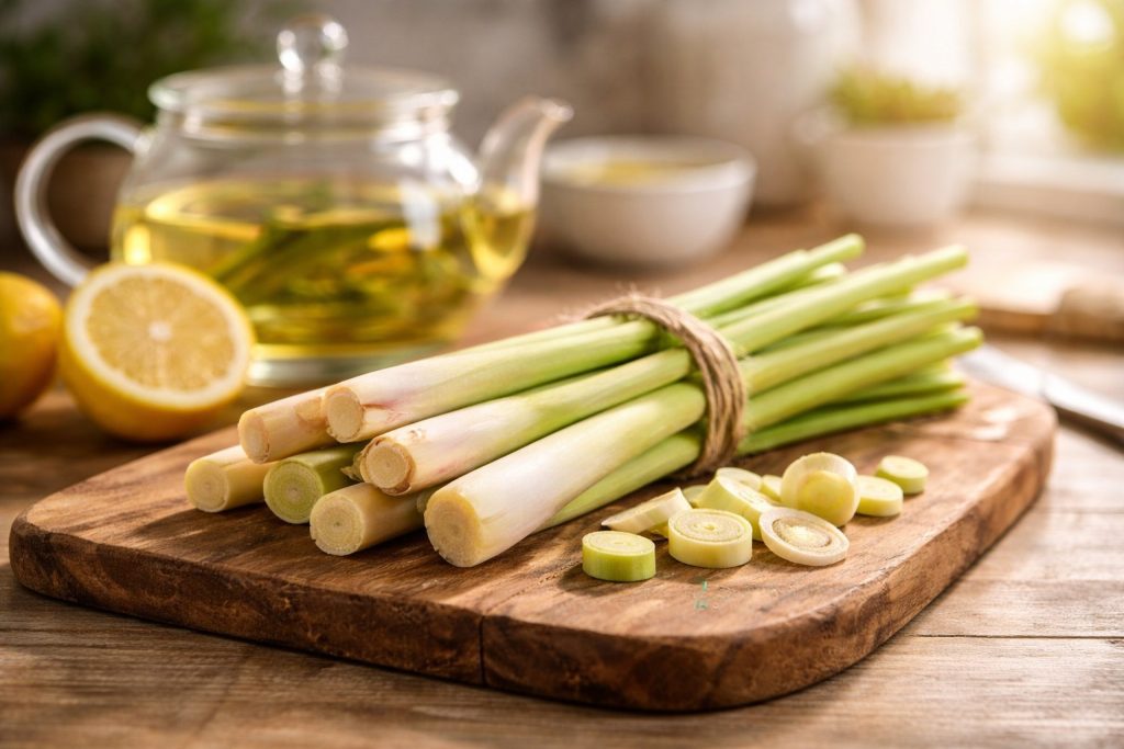 Fresh lemongrass stalks on a wooden board with sliced pieces and a glass teapot of lemongrass tea in soft natural light.