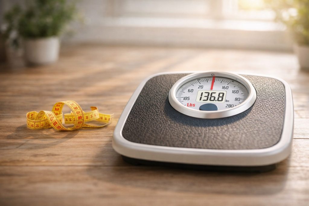 Digital bathroom scale showing weight next to a yellow measuring tape on a wooden floor in soft natural light, symbolizing weight loss and body fat measurement.