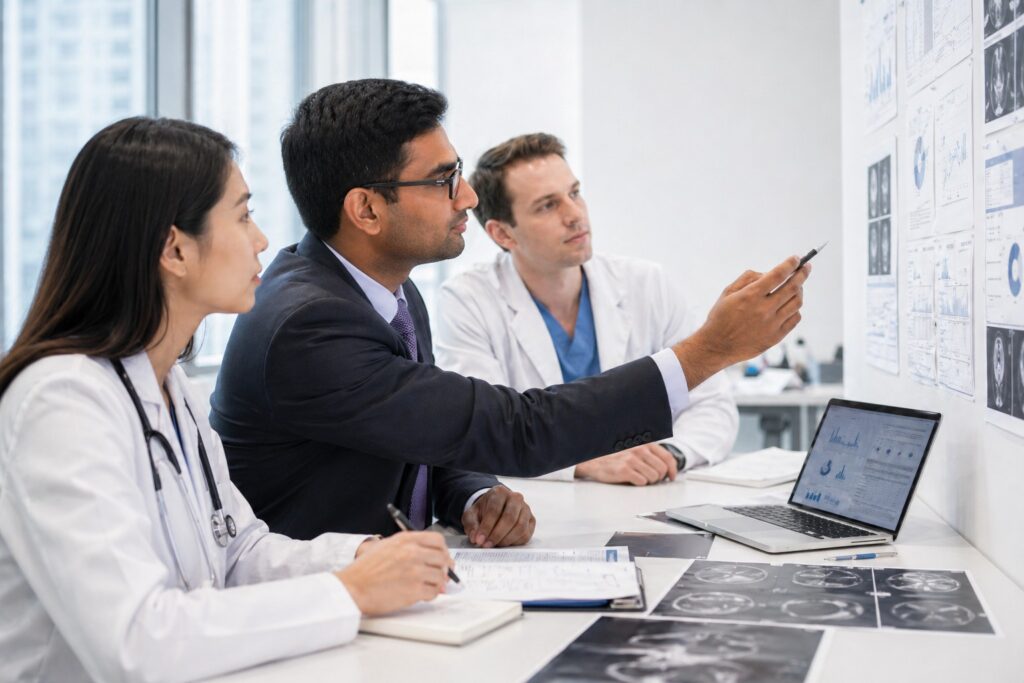Abishek Hariharan Tower Health clinical research scene showing doctors reviewing medical posters, charts, and imaging scans in a bright white hospital office.