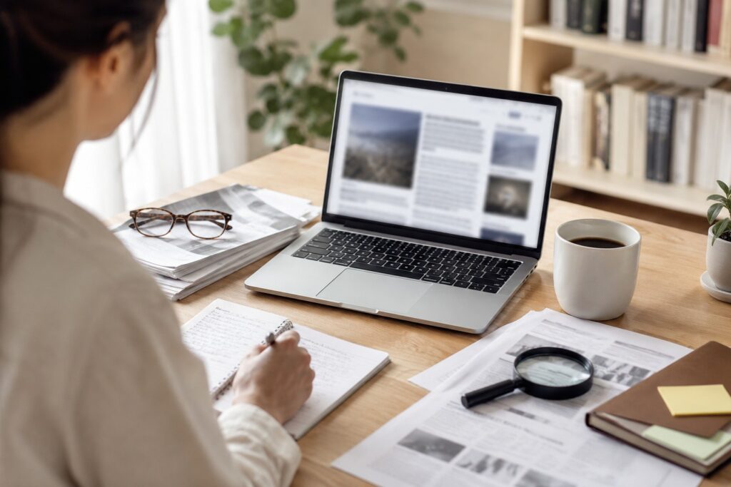 James Carville wife health source-check image showing a person reviewing news on a laptop with notes and a magnifying glass.