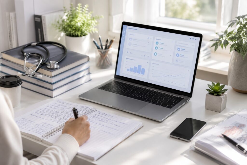 Health science academy login page on laptop with health science student writing notes, medical books, and stethoscope in a bright study room