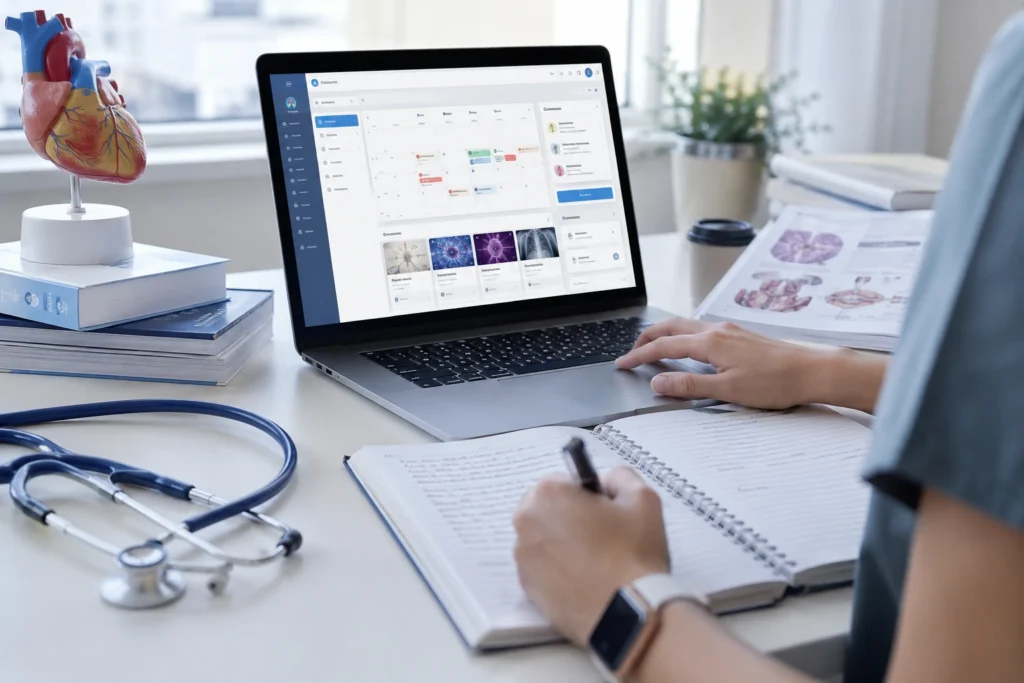 Healthcare student study desk with laptop, notebooks, stethoscope, and mobile phone for Pima Medical Institute Blackboard online learning