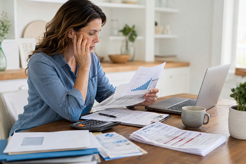 Concerned woman reviewing medical bills, account papers, and a calculator at a home desk, illustrating Health Matching Account expectations, access concerns, and real-life healthcare costs.