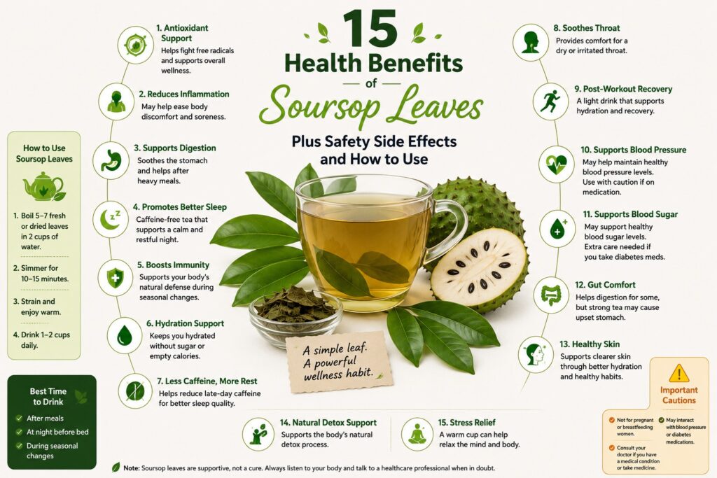 Infographic showing a cup of soursop leaf tea with soursop fruit and leaves, plus a list of 15 benefits, tea prep steps, best time to drink, and safety cautions.