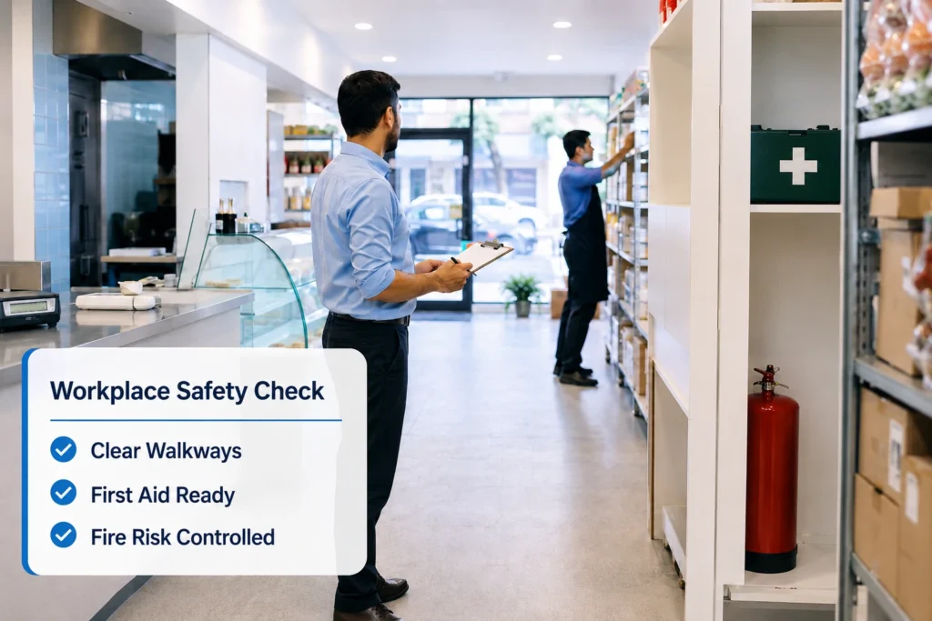 Southall health and safety inspection inside a clean food shop with a supervisor checking clear walkways, organized storage shelves, first aid box, and fire extinguisher.