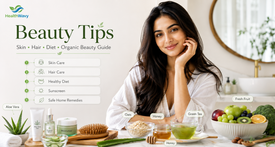 Woman with glowing skin surrounded by skincare products, aloe vera, green tea, oats, honey, and fresh fruit for a beauty, skin care, hair care, and healthy diet guide