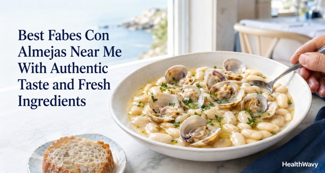 Authentic fabes con almejas with creamy white beans and fresh clams served in a Spanish coastal restaurant