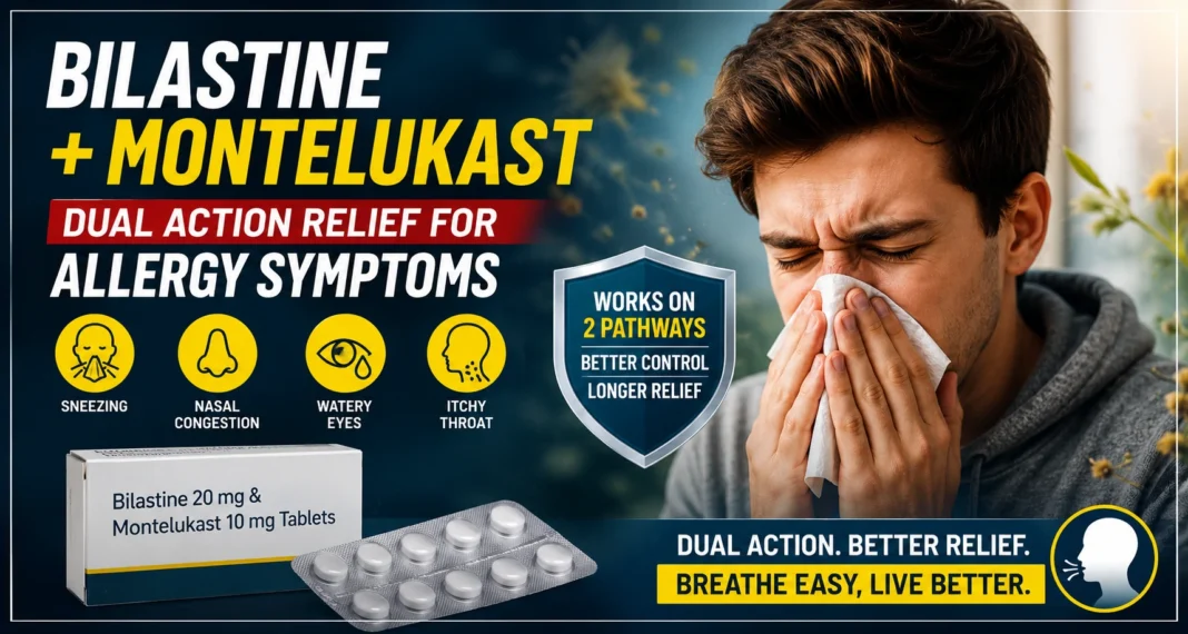 Young man sneezing with tissue showing allergy symptoms, alongside Bilastine and Montelukast tablets graphic highlighting dual action relief for sneezing, nasal congestion, and watery eyes