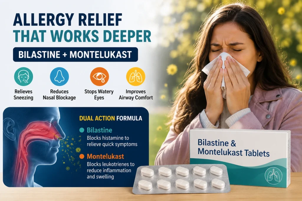 Woman with allergy symptoms using a tissue beside Bilastine and Montelukast tablets graphic showing relief for sneezing, nasal blockage, watery eyes, and airway discomfort