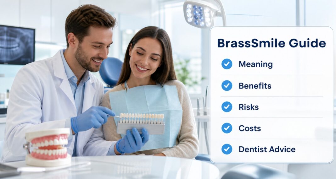 BrassSmile guide image showing dentist advice, benefits, risks, costs, and smile care meaning