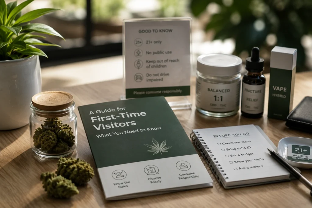 Health for Life Bethesda first visit checklist with cannabis guide, valid ID reminder, and product options