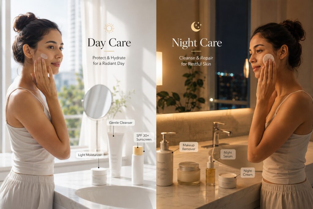 Woman applying skincare in a split day and night bathroom scene with cleanser, moisturizer, sunscreen, makeup remover, night serum, and night cream