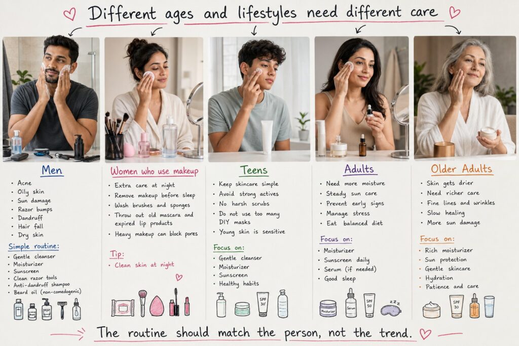 healthwavy expert Handwritten skincare routine chart with men, women who use makeup, teens, adults, and older adults showing different skin care needs, cleansers, moisturizers, sunscreen, makeup removal, and anti-aging care