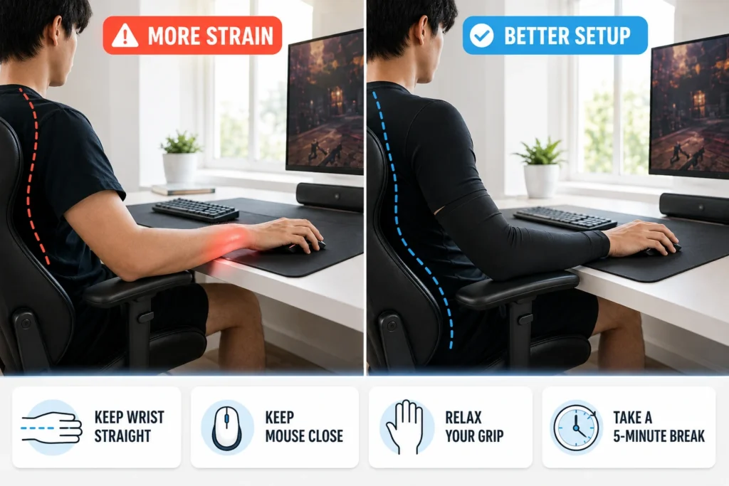 Side by side comparison of poor and better gaming desk posture with wrist position, mouse placement, and arm sleeve support