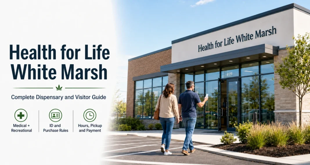 Featured image for the Health for Life White Marsh visitor guide showing adults approaching a modern cannabis dispensary.