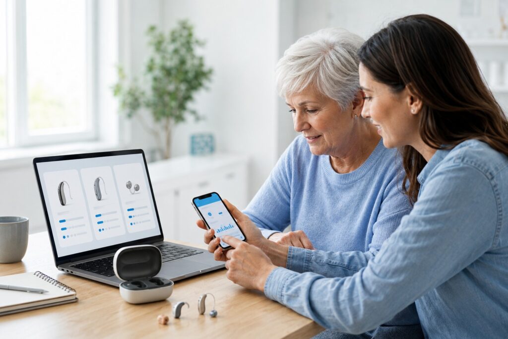 Adult child helps an older parent compare hearing aid device types on a laptop and check hearing results on a smartphone, with hearing aids and a charging case on the table.