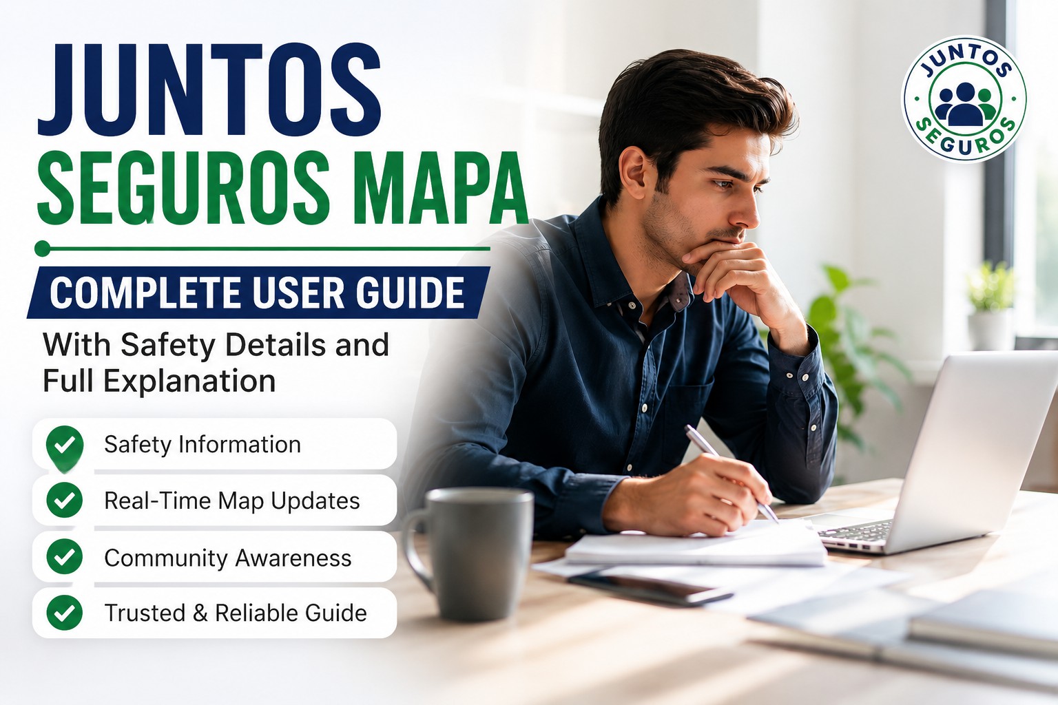 Woman reviewing Juntos Seguros Mapa information online with safety and verification symbols in a modern office setting.
