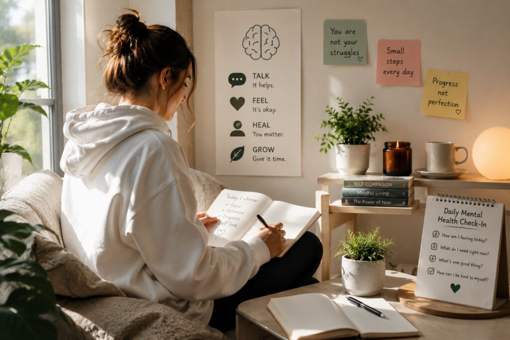 Woman in white hoodie writing in a journal beside mental health check-in notes, plants, books, and warm natural light.