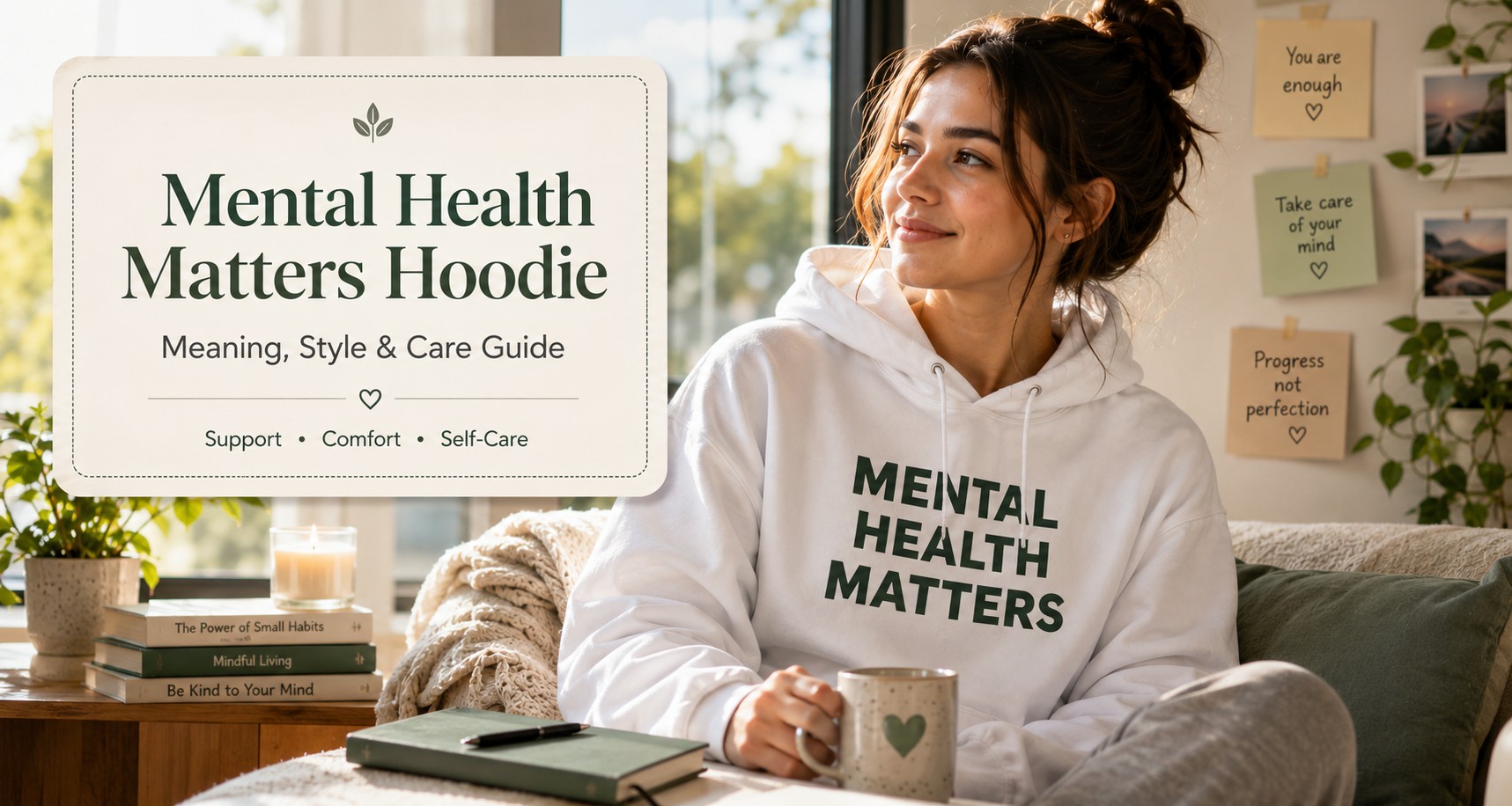 Woman wearing a white Mental Health Matters hoodie in a cozy self-care room with plants, journal, books, and wellness notes.