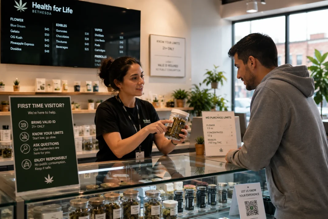 Health for Life Bethesda dispensary counter with customer ID check, cannabis guide, and first visit checklist