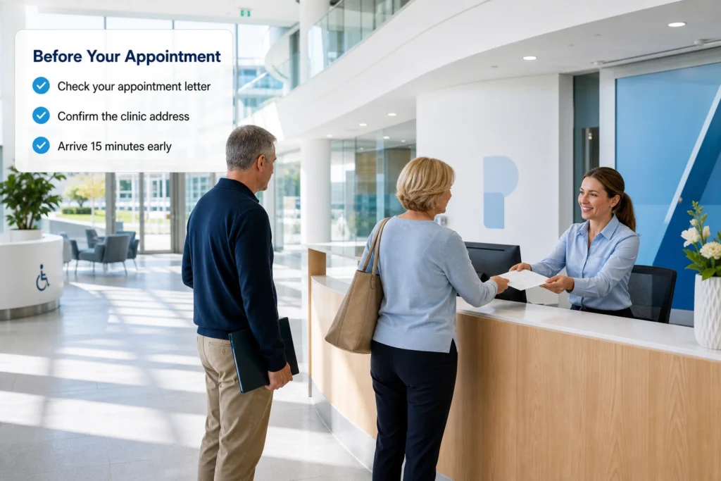 Patient checks in at a Sheffield outpatient clinic with appointment letter and arrival instructions.